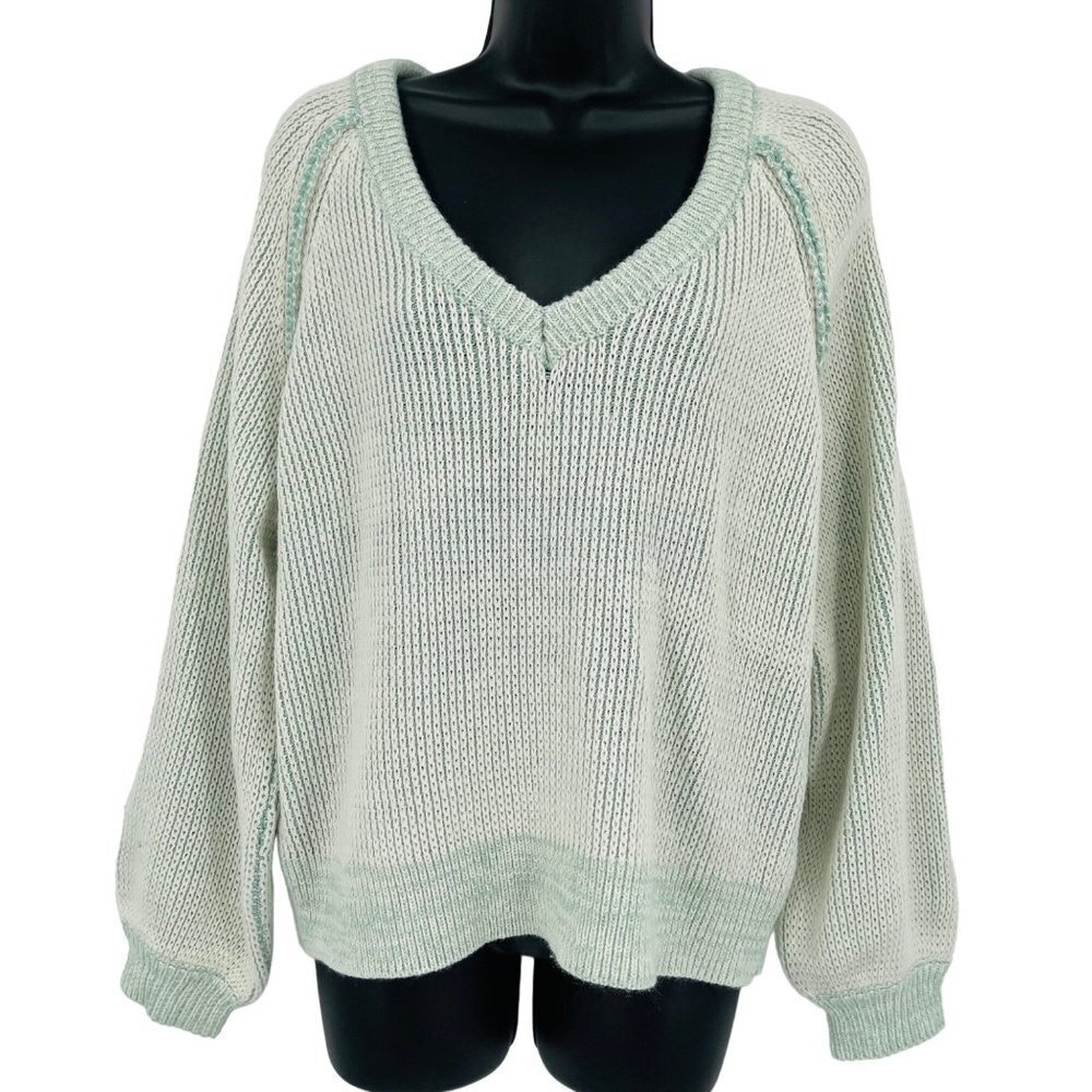 Lumiere Women's Chunky Knit V Neck Knit Sweater Size S Balloon Sleeve Faded